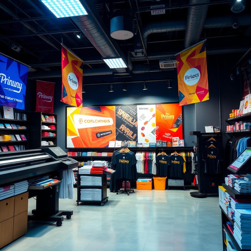 Volta print shop with branded products and signage